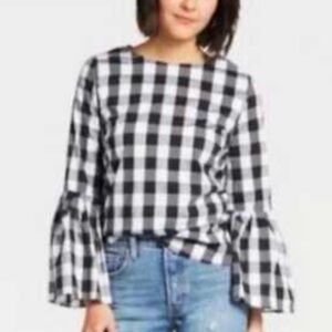 Sunday in Brooklyn Evereve Black Buffalo Plaid Bell Sleeve Top Size Small Preppy